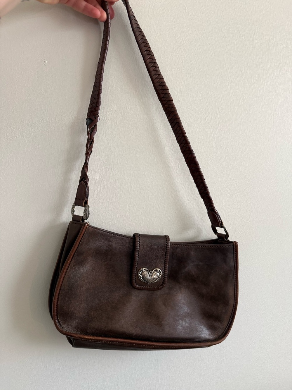 Vintage Fossil Brown Leather Shoulder Bag with Silver Heart Braiding **AS IS**